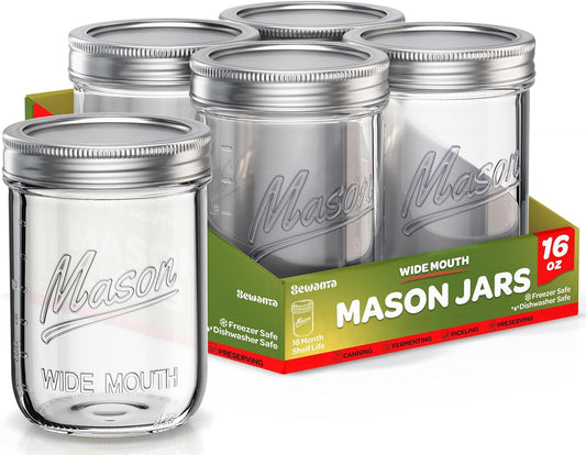 SEWANTA Wide Mouth Mason Jars 16 oz [18 Pack] With mason jar lids and Bands, mason jars 16 oz - For Canning, Fermenting, Pickling - Jar Décor - Microwave\/Freeze\/Dishwasher Safe.