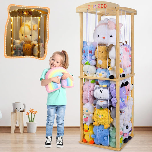 Basumee Stuffed Animals Storage Zoo with LED Light Large Wood Kids Toy Storage Organizer Holder for Stuffed Animals Girls Boys Nursery Room Bedrooms Stuff Animals Organizer