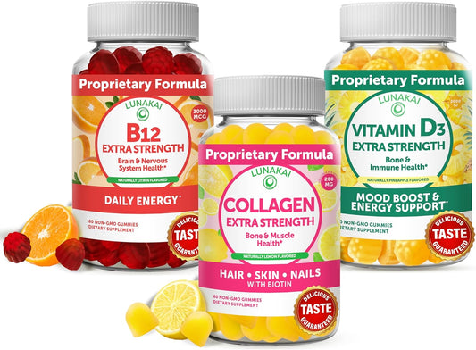 Lunakai Collagen, Vitamin D3 and Vitamin B12 Bundle - Non-GMO Anti Aging Supplements for Men & Women - Immunity, Bone and Mood Support - 3000 mcg Methylcobalamin High Absorption Energy Gummies