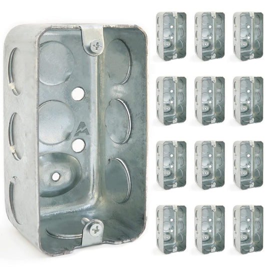(Pack of 12) 4x2 Inch Utility Size Single Gang Electrical Box, Handy Box, Ten 1\/2 Inch Knockouts, Raised Ground, 13 Cu. in. Capacity, 1-7\/8" Deep, Galvanized Steel, Drawn Construction, Outlet Box,