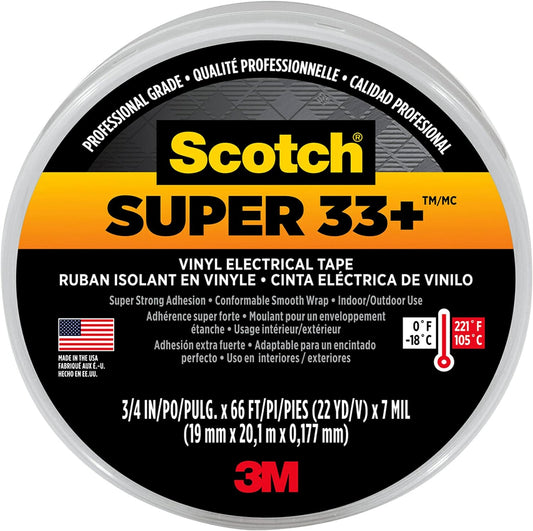 Scotch 3M Super 33+ Vinyl Electrical Tape, .75-Inch x 66-Foot, Pack of 10 Rolls, Insulates and Protects Against Abrasion and Moisture, Protective Jacketing up to 600V Splice Insulation (6132-BA-10)