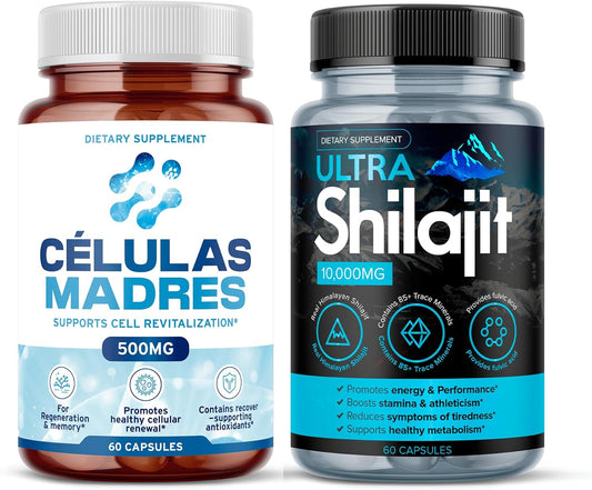 AFA Stem Cell 500mg & Ultra Shilajit Supplement 10,000mg | 60 Caps Each | Premium Grade Extracts for Energy, Vitality, Anti-Aging & Longevity | 100% Pure Shilajit, Spirulina, Chlorella | Boosts Immuni