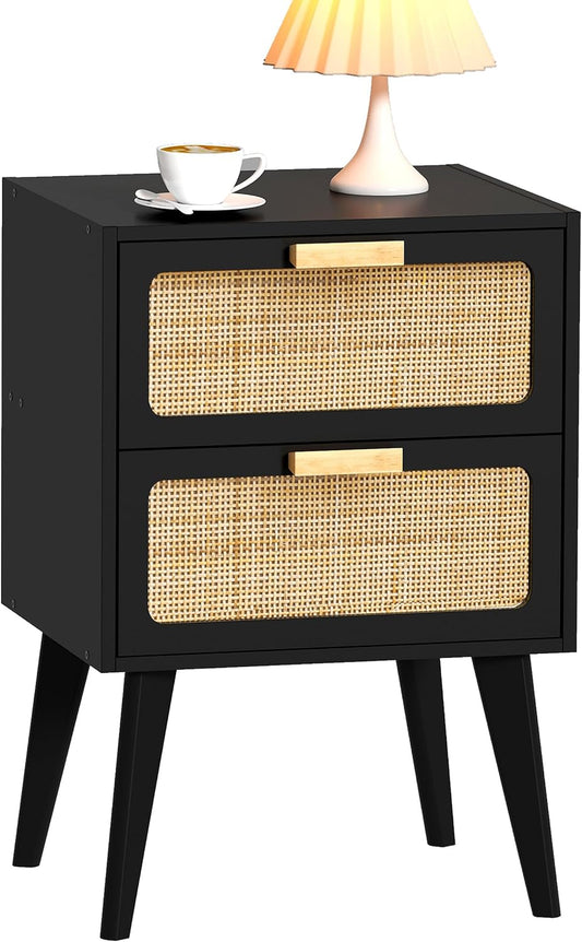 YAUKOMEL Rattan Nightstand, Wood End Table, Side Table with 2 Hand Made Rattan Decorated Drawers,Mid Century Modern Bedside Table,Wood Accent Table with Storage for Livingroom, Bedroom, Black CTG59B
