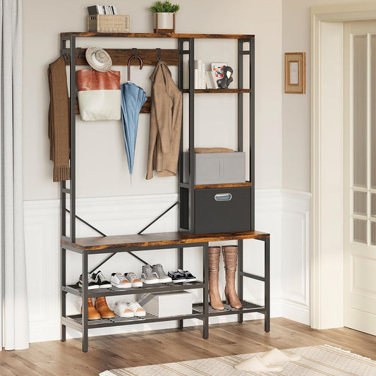 Shintenchi Hall Tree with Bench Shoe Storage and Removable Coat Hooks, Modern Coat Rack 5 in 1 Large Organizer with Fabric Storage Basket for Entryway Hallway Bedroom (Rustic Brown)