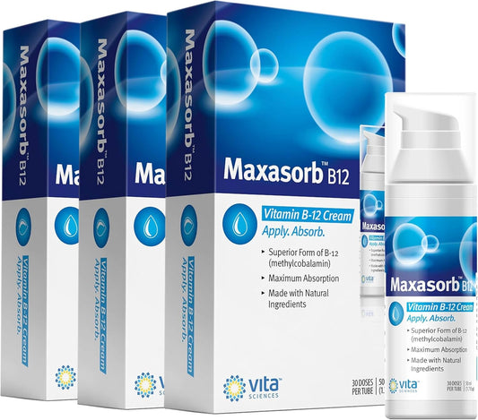 Vita Sciences Maxasorb B12 Vitamin B-12 Cream 1000 mcg: Powerful Topical Methylcobalamin for Energy, Health, and Glowing Skin - Pack of 3