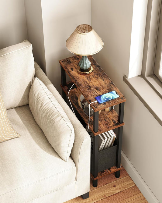 CHOEZON Small Narrow Side Table with Charging Station, Skinny End Table with Fabric Basket, Slim Nightstand for Small Spaces, Sofa Side Table, for Living Room, Bedroom, Rustic Brown and Black TBZ07UBF