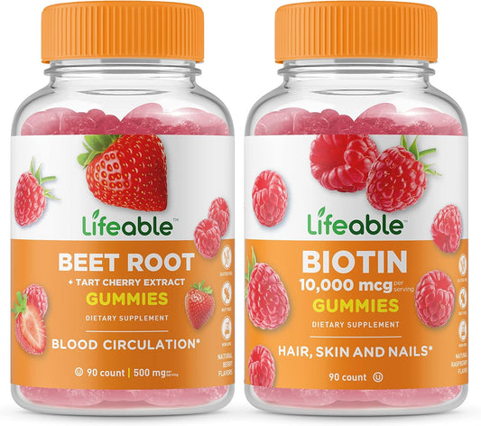 Lifeable Beet Root + Biotin, Gummies Bundle - Great Tasting, Vitamin Supplement, Gluten Free, GMO Free, Chewable Gummy
