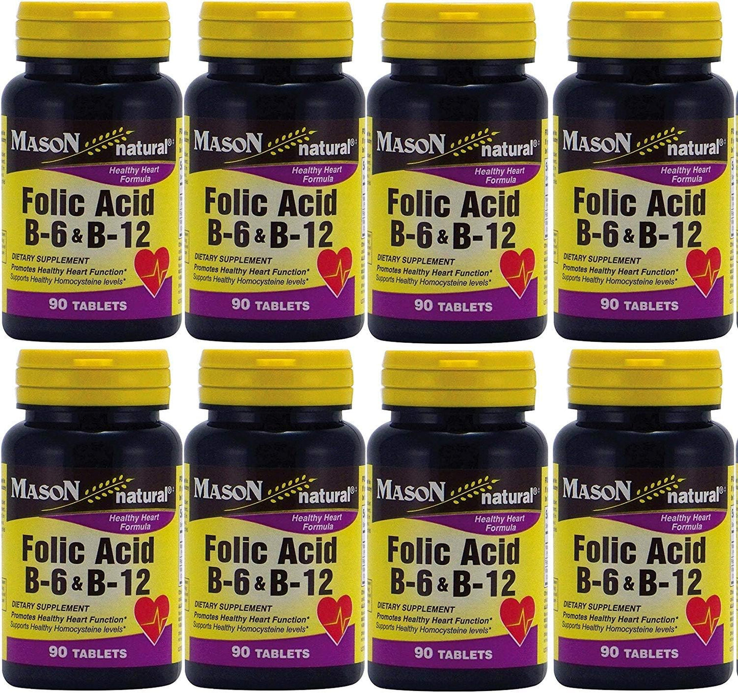 Folic Acid B-6 & B12 Heart Health Formula 90 Tablets per Bottle Pack of 8 Total 720 Tablets