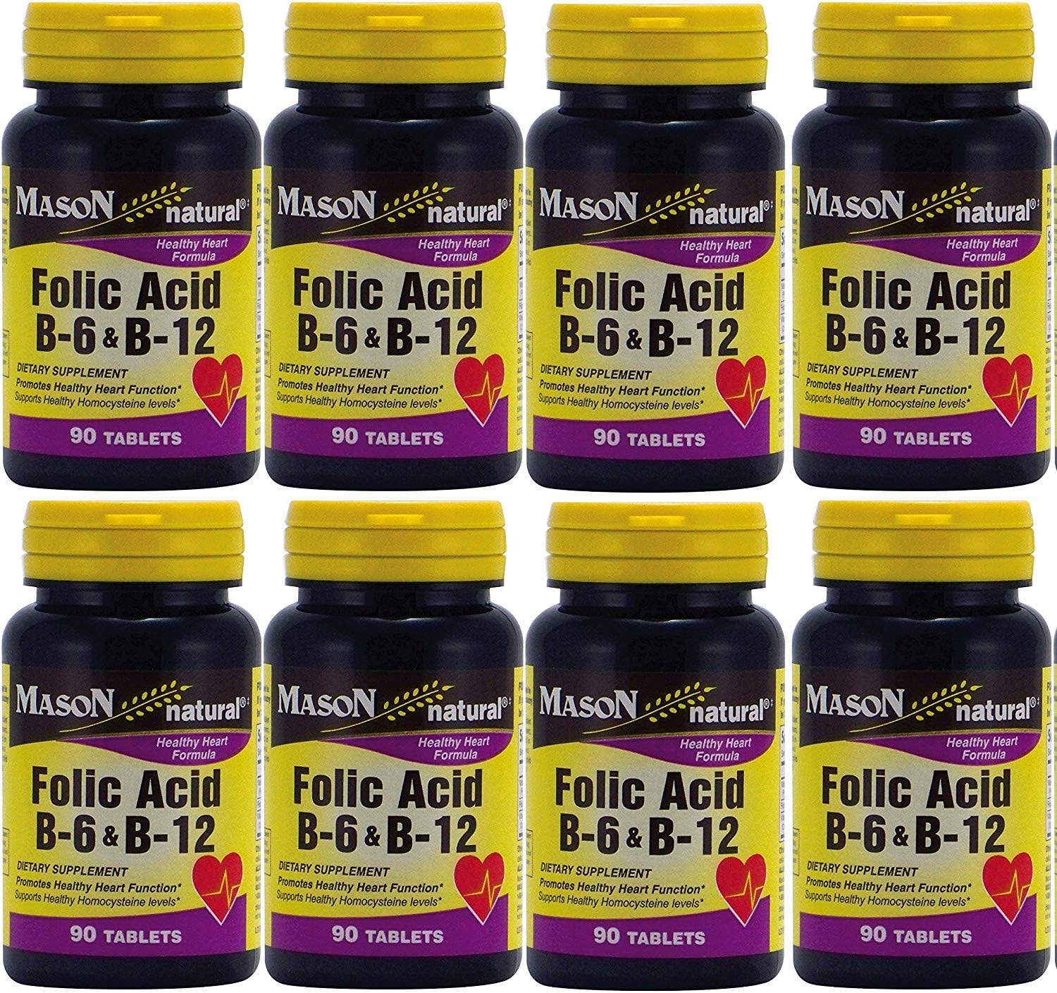 Folic Acid B-6 & B12 Heart Health Formula 90 Tablets per Bottle Pack of 8 Total 720 Tablets