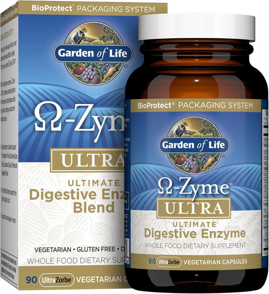 Garden of Life 21 Powerful Digestive Enzymes with Papain, Bromelain, Lipase, Ginger, Turmeric for Complete Digestion of Protein, Carbs & Fats \u2013 Omega-Zyme Ultra, Gluten-Free, Vegetarian, 90 Capsules