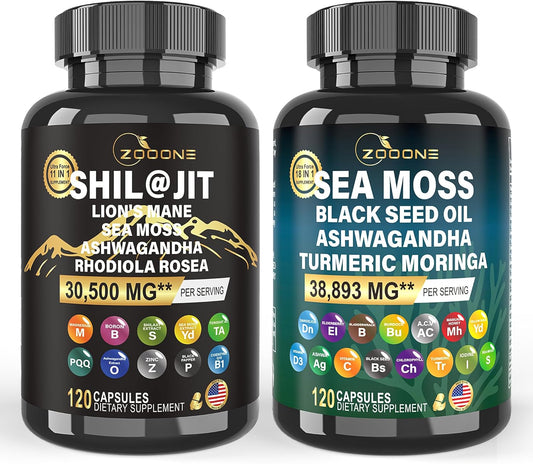 Zooone- 2 Pcs Sea Moss 18000mg Black Seed Oil 4000mg Ashwagandha 4000mg Turmeric 1000mg Bladderwrack 4000mg Burdock Root 4000mg & Vitamin C/D3 With Apple Cider Vinegar Clean Nutraceuticals 240 Tablets
