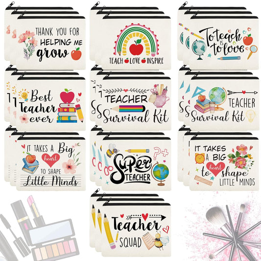 Irenare 30 Pcs Teacher Makeup Bag Graduation Cosmetic Bag Pencil Case Bags Travel Toiletry Canvas Pouch with Zipper for Teacher Appreciation Gift