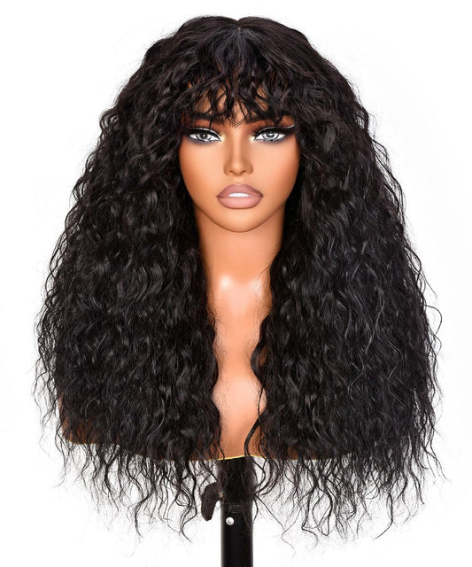 Black Curly Wigs With Bangs for Black Women Curly Human Hair Long Black Wig for Daily