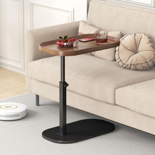 C Shaped Side Table Adjustable Height, 360°Swivel C Shaped End Table, Couch Side Tables That Slide Under, Small Coffee C Table End Table for Sofa\/Bed\/Bathtub, Rotating Elevate Tabletop (walnut)