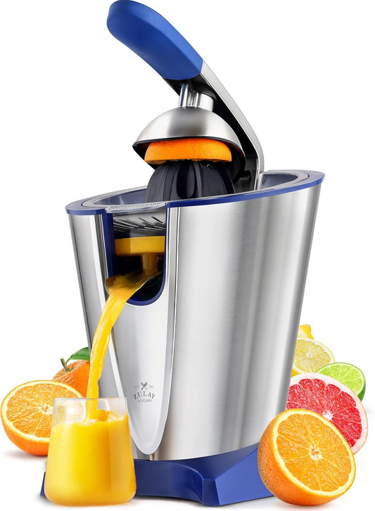 Zulay Citrus Juicer Electric - Stainless Steel Orange Juicer With 160W Powerful Motor - Interchangeable Cones For All Citrus - Filters Out Seeds & Pulp - Dishwasher-Safe Parts - Blue