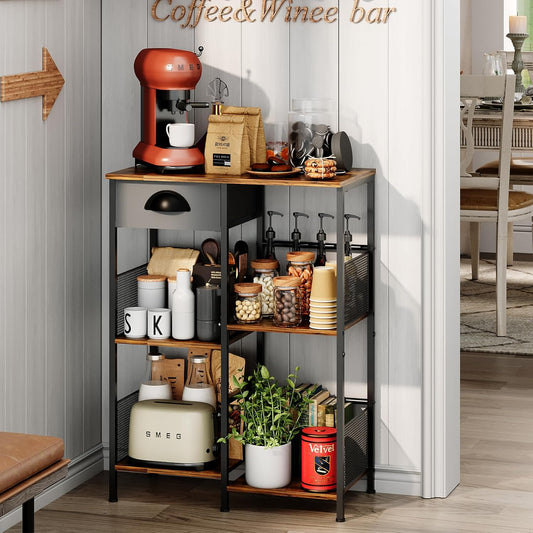 X-cosrack Farmhouse Small Coffee Bar Stand with Drawer 5-Layer Staggered Corner Coffee Station Rustic Wood Coffee Bar Babinet for Kitchen, Dining, Coffee Oranization (Black & Brown)