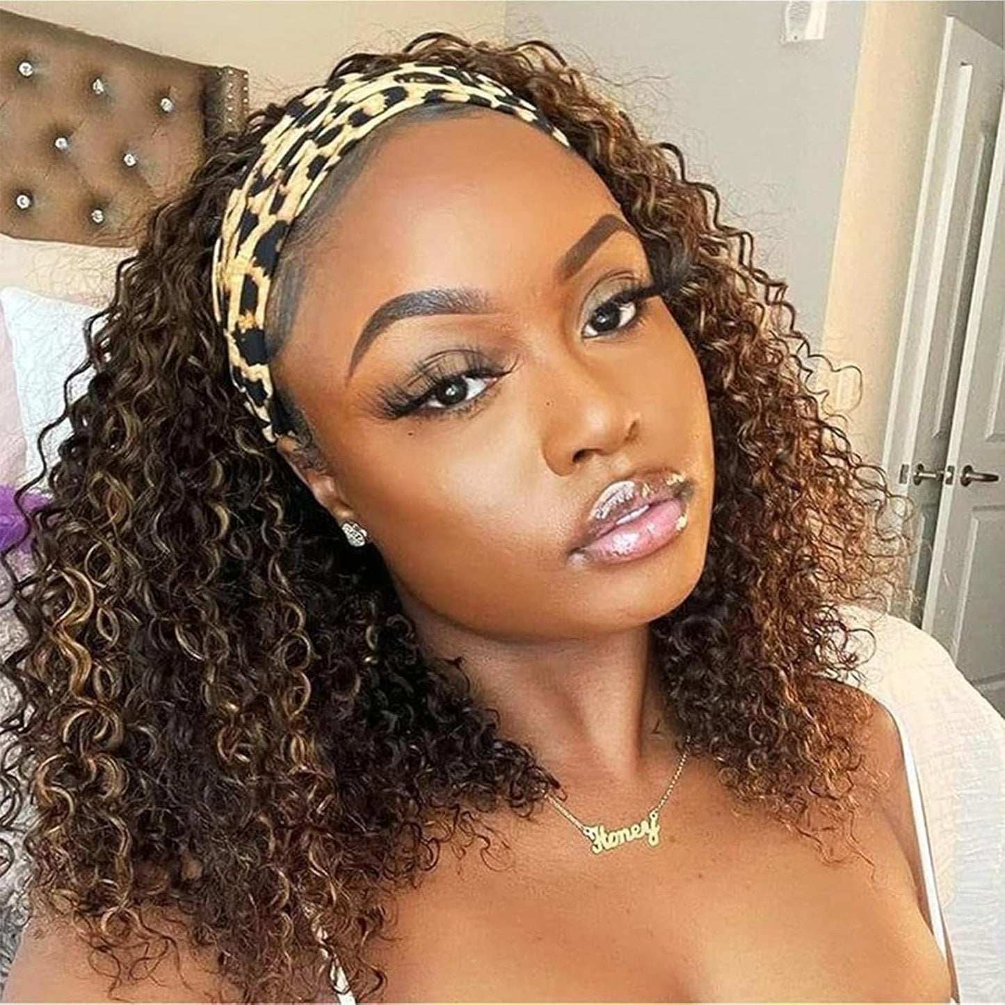 Punmasa Headband Wig Human Hair Deep Wave 4\/27 Human Hair Headband wigs for women Glueless None Lace Front Wig Machine Made 150% Density headband wig human hair with Headbands (12Inch)