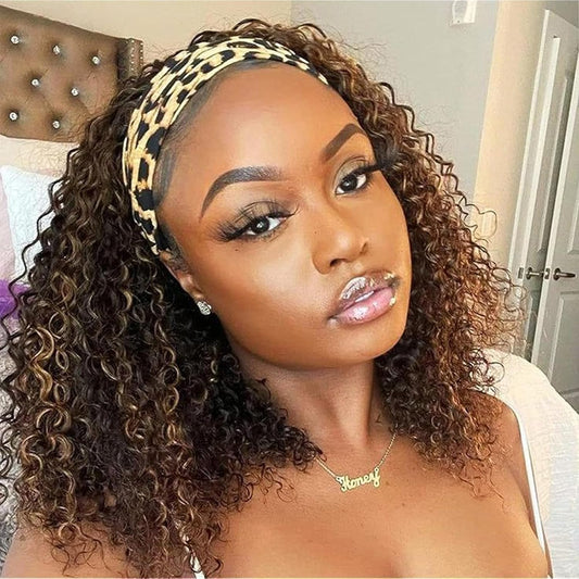 Punmasa Headband Wig Human Hair Deep Wave 4\/27 Human Hair Headband wigs for women Glueless None Lace Front Wig Machine Made 150% Density headband wig human hair with Headbands (12Inch)