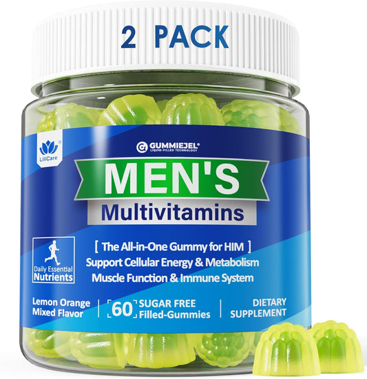 (2 Pack) Multivitamin for Men, Daily Mens Multivitamins & Multiminerals Gummies, Mens Vitamins A C D E B6 B12, Methylfolate, Omega 3, Probiotics, Enzymes for Energy, Immunity, Sugar Free, (No Iron)