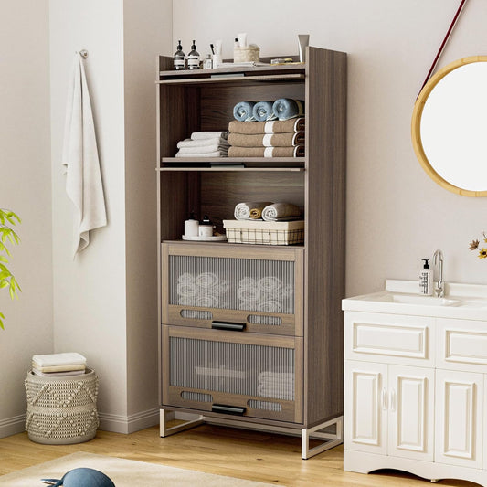 Wooden Storage Cabinet with 4 Drawers, Freestanding Bathroom Cabinets with Acrylic Doors and Shelves, Versatile for Kitchen Food Pantry, Cupboard, Dining Room Furniture Home Decor, Walnut