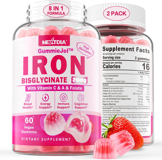 Iron Bisglycinate 26mg Filled Gummies- Gentle Beet Root Iron Gummy plus Vitamin C, Supplement Iron with B12 & Folate for Women & Men, Iron Deficiency, Immune & Energy Support, Sugar-Free, Vegan,120Cts