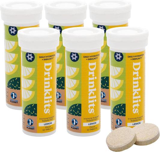 Drinklits Lemon Immune Support Tablets (6) Tube Bundle | Daily Immunity - 0g Sugar - Vitamins - Electrolytes - Herbal Blend | 60 Servings – 10 Tablets per Tube
