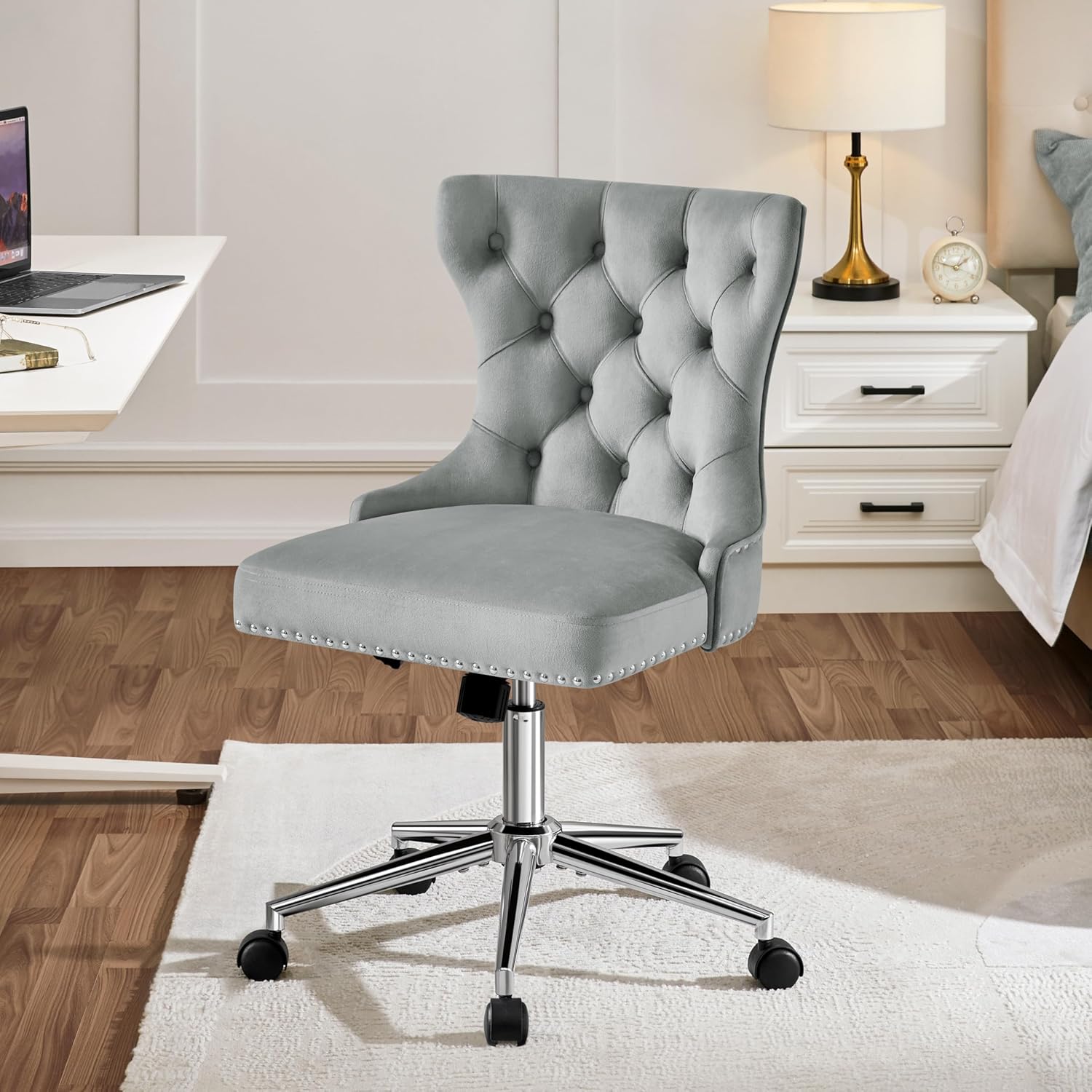 Yaheetech Velvet Home Office Desk Chair with Back, Cute Armless Vanity Chair with Gold Base\/Wheels, Adjustable Comfy Swivel Chair for Make-up, Bedroom, Light Gray