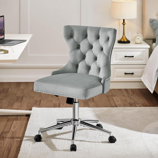 Yaheetech Velvet Home Office Desk Chair with Back, Cute Armless Vanity Chair with Gold Base\/Wheels, Adjustable Comfy Swivel Chair for Make-up, Bedroom, Light Gray