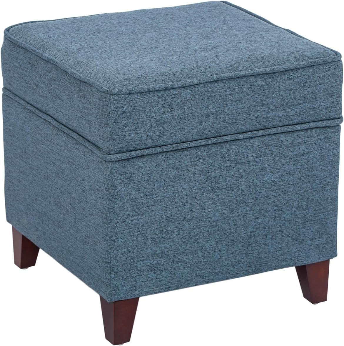 Adeco 17" Square Ottoman with Storage- Small Storage Ottoman Foot Rest with Hinged Lid- Blue Faux Linen Fabric Upholstered Footstool with Sturdy Wood Legs