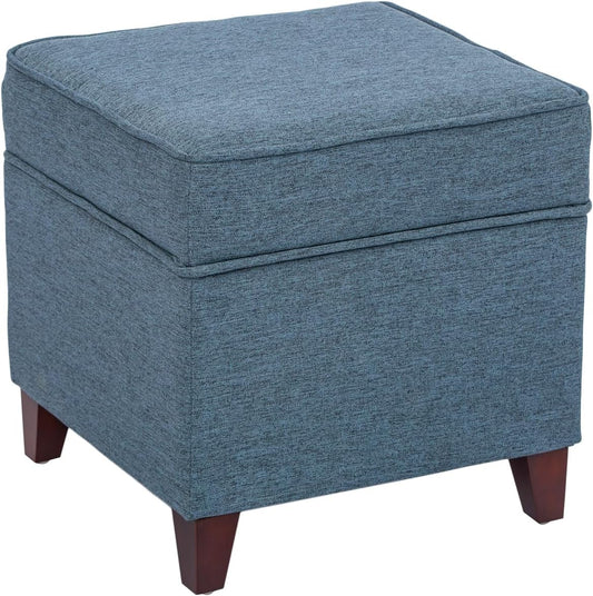 Adeco 17" Square Ottoman with Storage- Small Storage Ottoman Foot Rest with Hinged Lid- Blue Faux Linen Fabric Upholstered Footstool with Sturdy Wood Legs