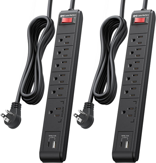 [ETL Listed] Cable Matters 2-Pack 6-Outlet Surge Protector Power Strip with USB C and USB Ports - 8ft Extension Cord, Surge Protector with USBC with 3.4A Total Charging Output, Black
