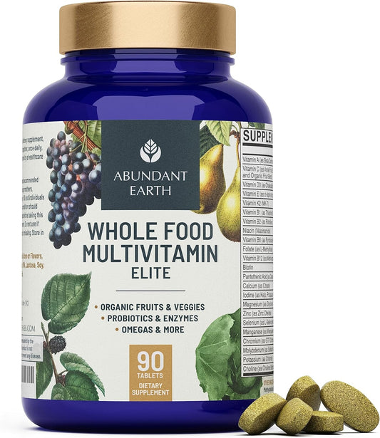 Abundant Earth Whole Food Multivitamin for Women, Daily Multi Vitamins Supplements for Men\/Mens Multivitamins + B Complex, Probiotic Multi Enzyme, Omegas for Organic Energy, Mood, Digestion 90ct
