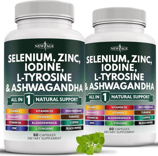 NEW AGE Selenium, Zinc, Iodine, L Tyrosine, Ashwagandha - Supplement for Women and Men with Bladderwrack, Turmeric, Silica Kelp, Schisandra - 120 Count