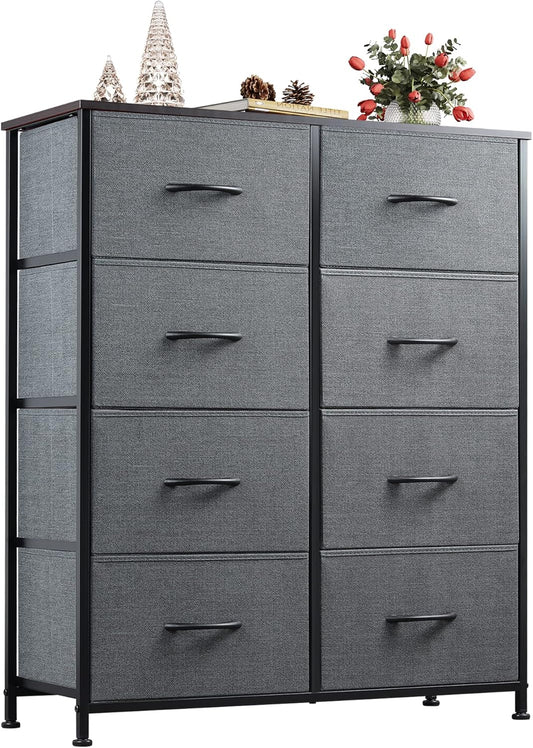 WLIVE Fabric Dresser for Bedroom, Tall Dresser with 8 Drawers, Storage Tower with Fabric Bins, Double Dresser, Chest of Drawers for Closet, Living Room, Hallway, Dark Gray