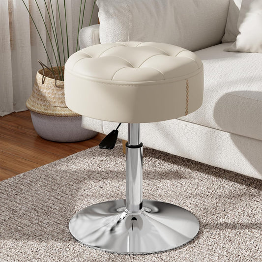 ACEQLYT® Adjustable Vanity Stool Chair for Bedroom Bathroom, White Faux Leather Vanity Chair, Small Makeup Chair for Vanity Desk, Easy to Assemble, Round Ottoman Footstool