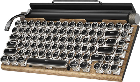 Retro Typewriter Keyboard Wireless Mechanical Keyboard, 83-Key Blue Switches Bluetooth 5.0 Vintage Punk Round Keycap, 14 Modes LED Backlight, Type-C, Compatible with PC\/Laptop\/Mac\/Pad\/Phone, Wood