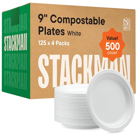 100% Compostable Paper Plates 9 Inch [500 Count] Heavy-Duty Dinner Plates - Natural White Color Unbleached Bagasse - Eco-Friendly Disposable Biodegradable Sugarcane Plates - [Bulk Case 4\/125 Pack]