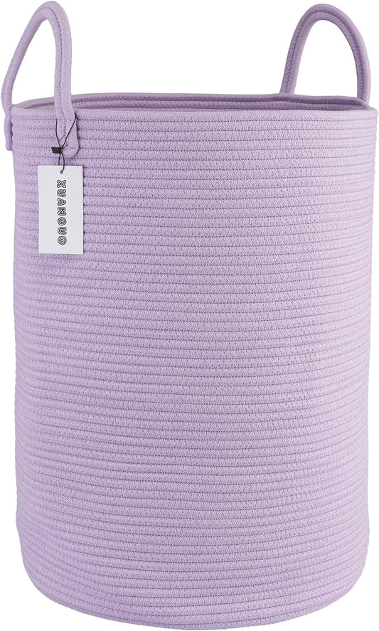 XUANGUO Cotton Rope Laundry Basket Hamper for Clothes Woven Storage Basket for Living Room Bedroom Boho Tall Rope Baskets for Blanket Toys Pillow Towels Baby Nursery Hamper Bin Large purple
