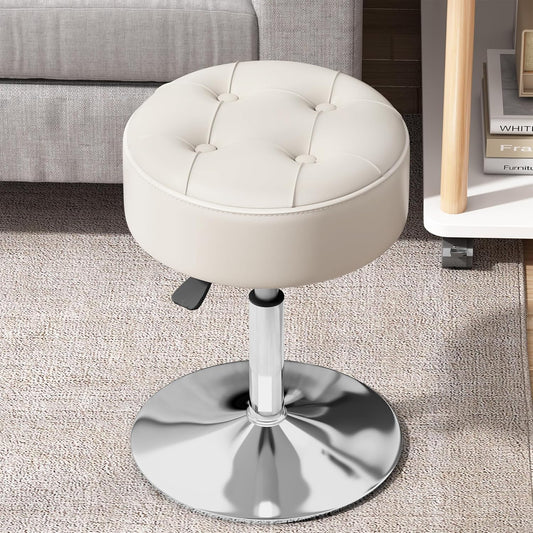 ACEQLYT® 16"-21" Adjustable Swivel Vanity Stool | Modern PU Leather Makeup Vanity Chair for Bedroom, Bathroom & Living Room | Tufted Design Small Ottoman Stool for Vanity (White)