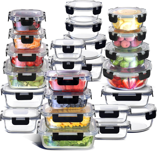 EATEX 24-Pack Glass Food Storage Containers with Lids, Airtight Glass Meal Prep Containers, Reusable Glass Food Containers with Leakproof Snap Lock Lids, Oven Microwave Freezer Safe Lunch Containers