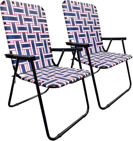 EasyGo Product Lawn Chair Folding Steel Webbing Chaise Patio Lounger Seat Wood Handles for Camping, Beach, Fishing, Backyard, Stadium, Pool, Boating, and Sports, 2 Pack Blue\/Red Stripes