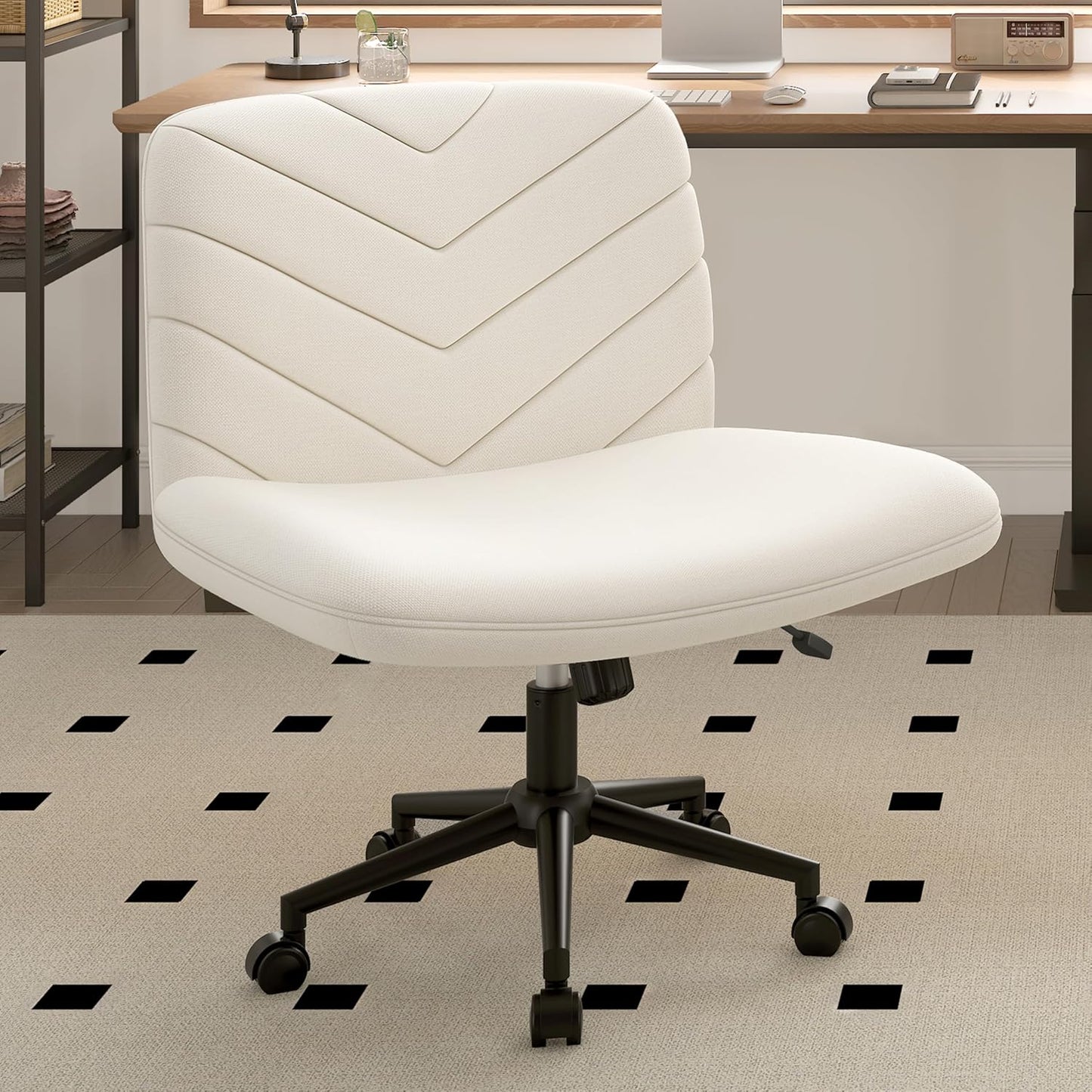 Yaheetech Wide Criss Cross Chair with Wheels, Comfy Armless Cross Legged Office Desk Chairs, Swivel Vanity Chair Computer Chairs for Home Office, Beige