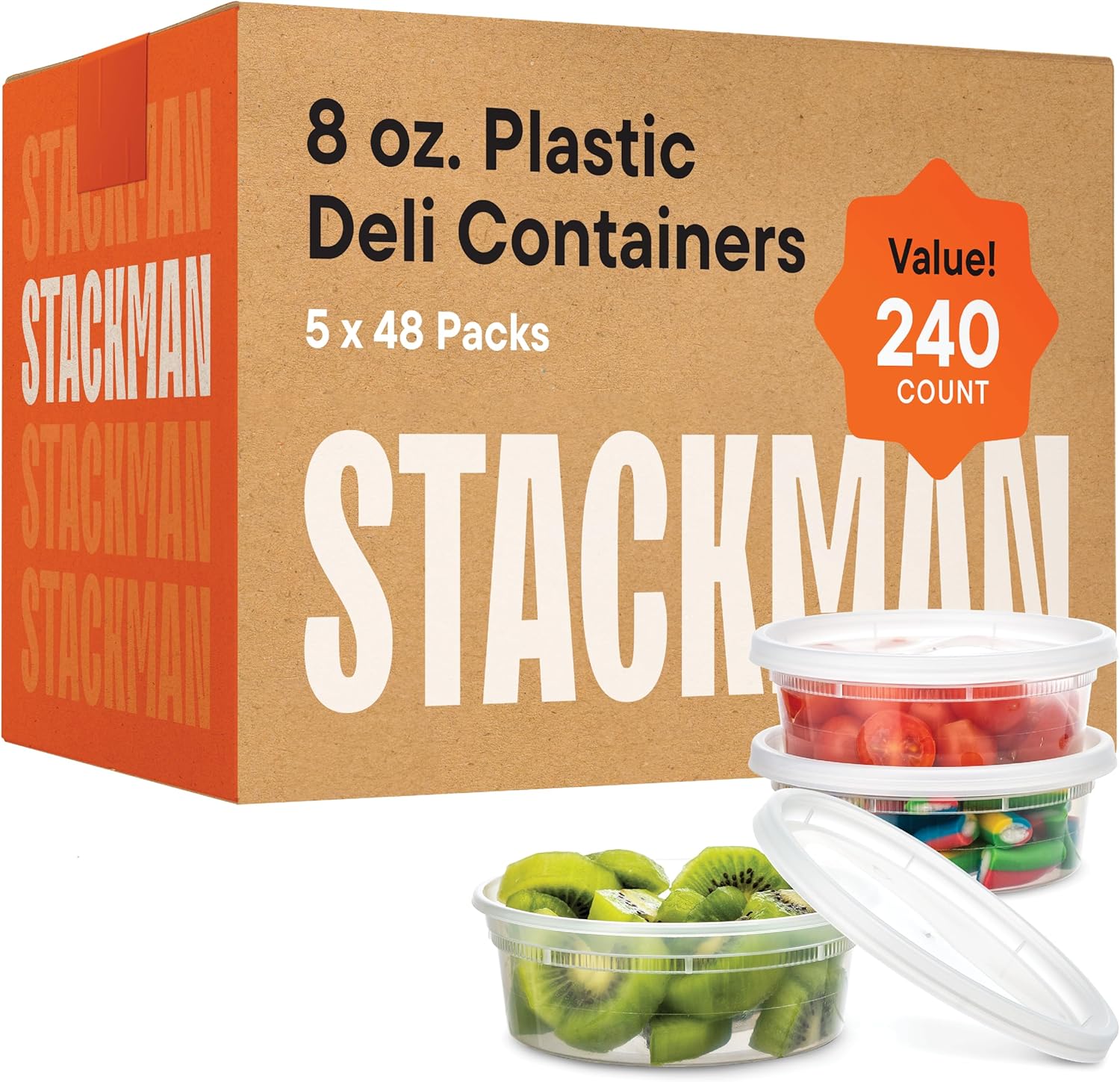Stack Man [240 Sets - 8 oz.] Clear Plastic Containers with Airtight Lids - Deli Food Storage, Slime, and More - Bulk Pack - Small Containers with Lids - 240\/Case Brand