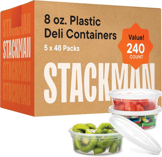 Stack Man [240 Sets - 8 oz.] Clear Plastic Containers with Airtight Lids - Deli Food Storage, Slime, and More - Bulk Pack - Small Containers with Lids - 240\/Case Brand