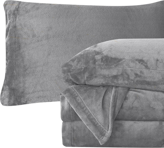Elegant Comfort Luxuriously Soft 4-Piece Velvet Plush Flannel Sheet Set - Premium Quality - Cozy Warm, Anti-Static, Non Pilling Fuzzy Velvet Flannel Fleece Deep Pocket Sheet Set - Full, Gray