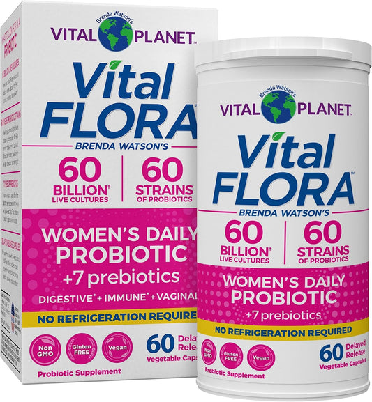 Vital Planet - Vital Flora Women\u2019s Daily Probiotic 60 Billion CFU, Diverse Strains, Organic Prebiotics, Vaginal and Immune Support, Shelf Stable Digestive Health Probiotics for Women 60 Capsules