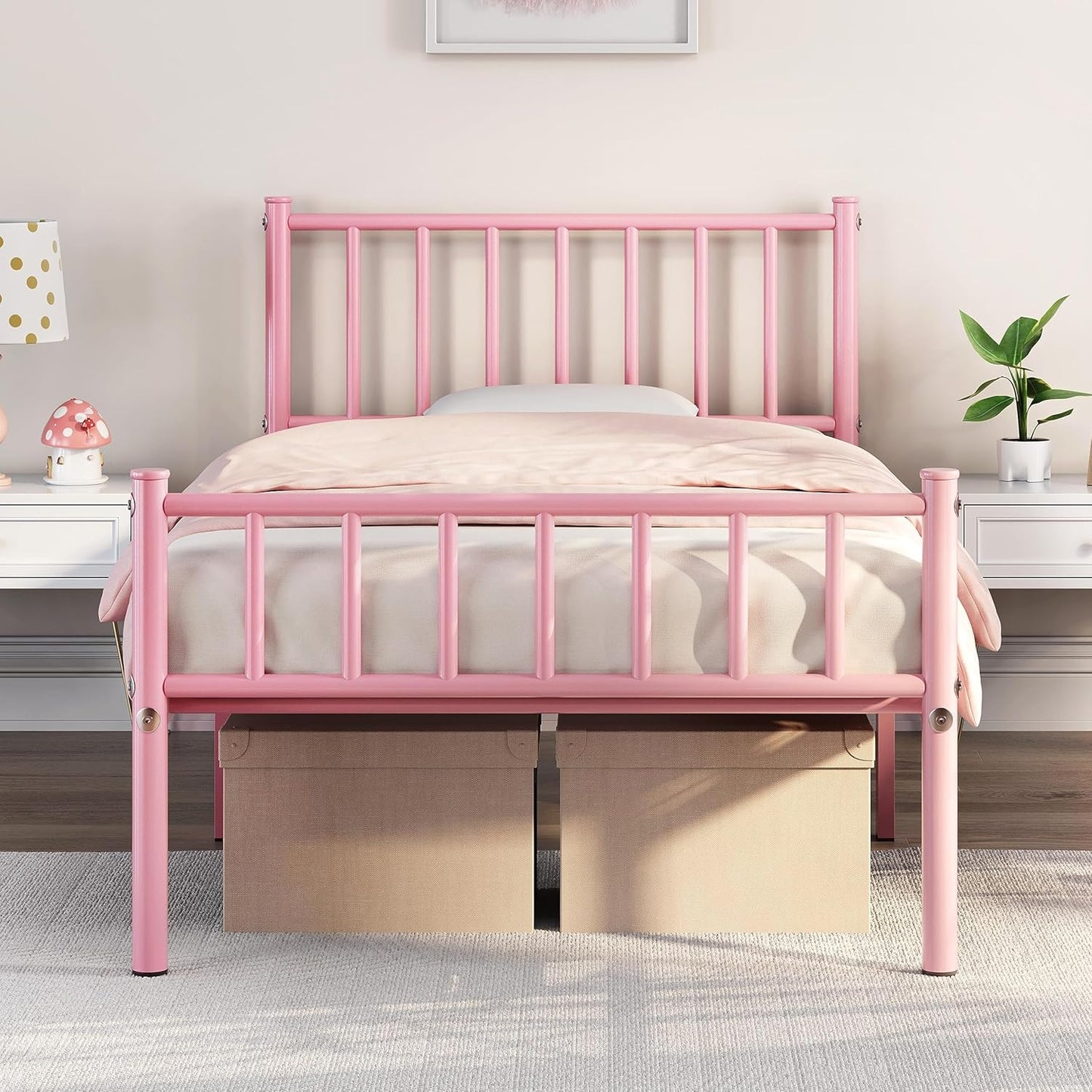 Yaheetech Twin Size Bed Frame Metal Platform Bed Frame Mattress Foundation with Spindle Headboard & Footboard\/No Box Spring Needed\/14 Inch Underbed Storage\/Firm Support & Easy Set up Structure, Pink