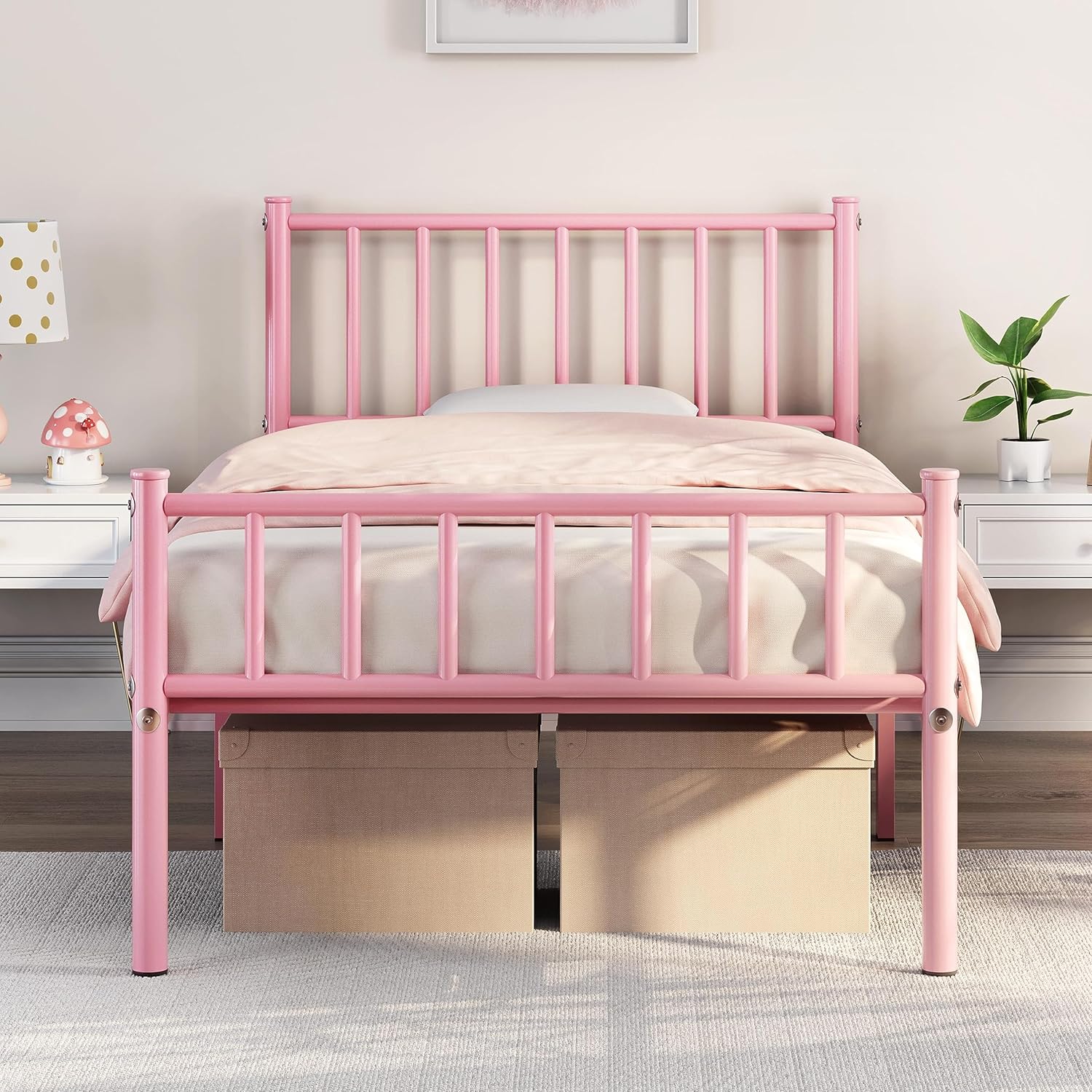 Yaheetech Twin Size Bed Frame Metal Platform Bed Frame Mattress Foundation with Spindle Headboard & Footboard\/No Box Spring Needed\/14 Inch Underbed Storage\/Firm Support & Easy Set up Structure, Pink