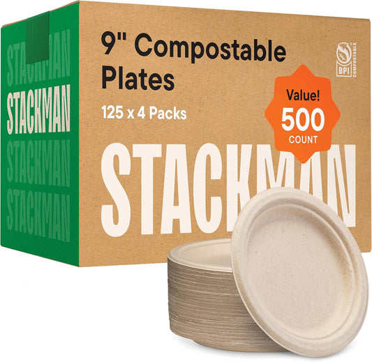 100% Compostable Paper Plates 9 Inch [500 Count] Heavy-Duty Dinner Plates - Natural Brown Color Unbleached Bagasse - Eco-Friendly Disposable Biodegradable Sugarcane Plates - [Bulk Case 4\/125 Pack]