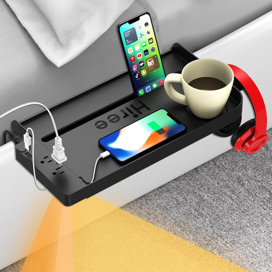 Bedside Shelf with USB Charging Port, Bunk Bed Shelf Organizer for Top Bunk, College Dorm Room Essential Clip On Nightstand Tray with Cup Holder, AC Outlets and Night Light, Plus Size, Black